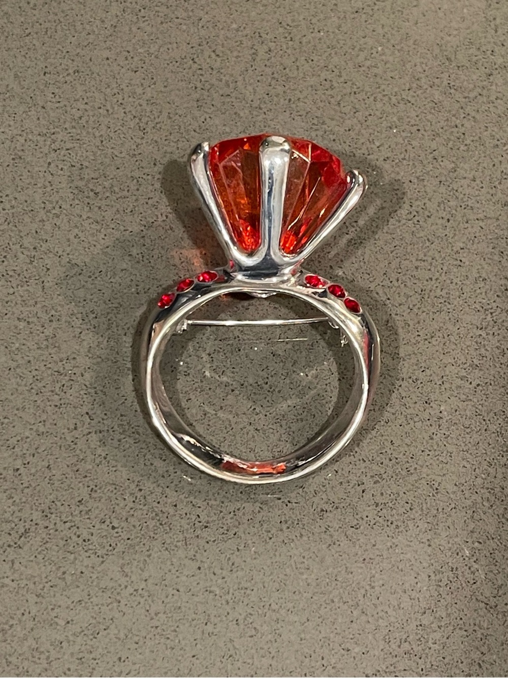 Silver Ring Brooch with Red Gemstone